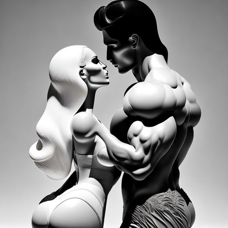 Stylized monochrome image of muscular male and female figures gazin...