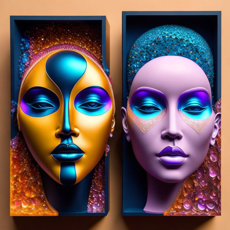 Vibrant portraits of stylized female figures with glittering skin and colorful hair