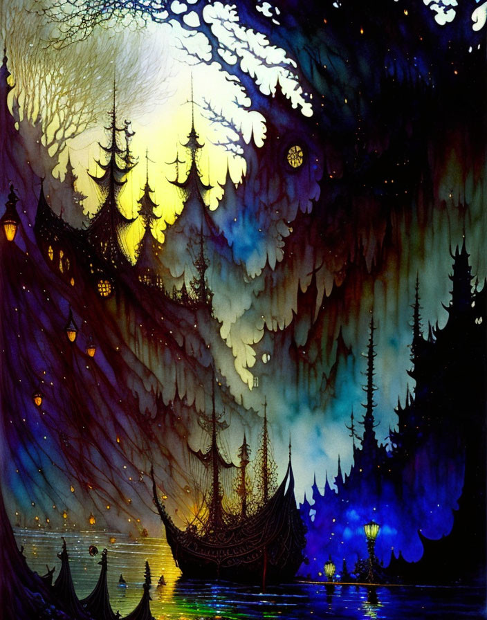 Ethereal Viking ship night scene with glowing lanterns in moonlit forest