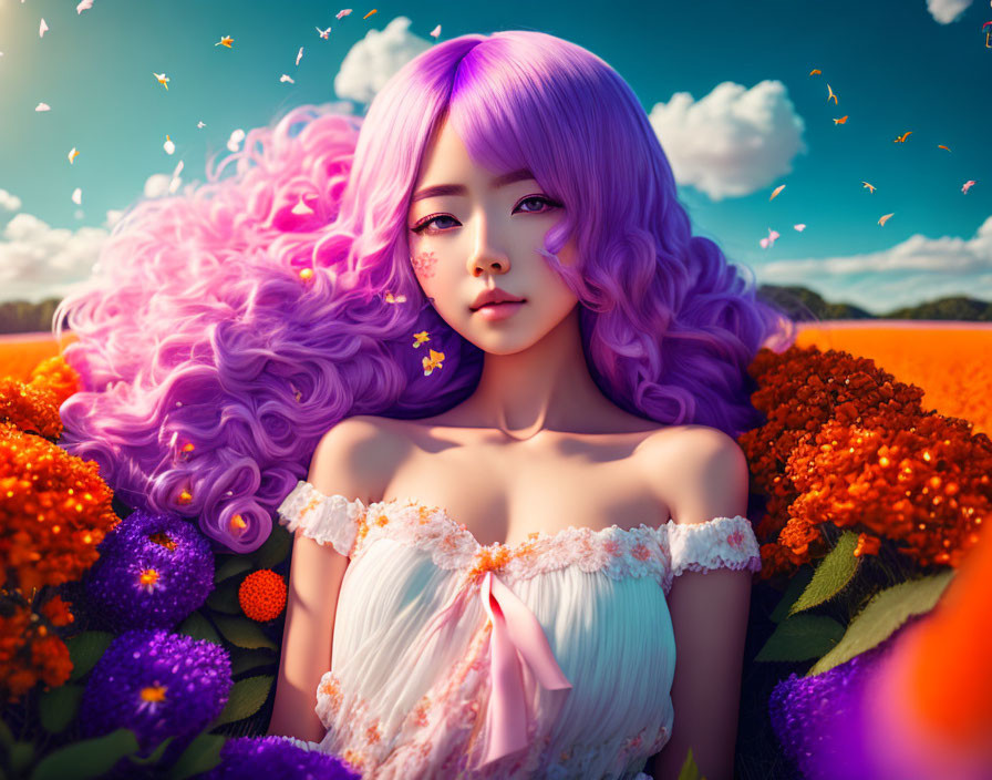 Digital artwork: Woman with purple hair in colorful flower field