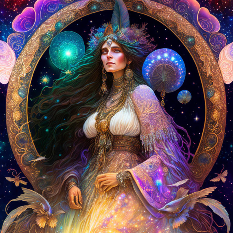 Mystical woman with ornate headdress in cosmic portal with vibrant colors.
