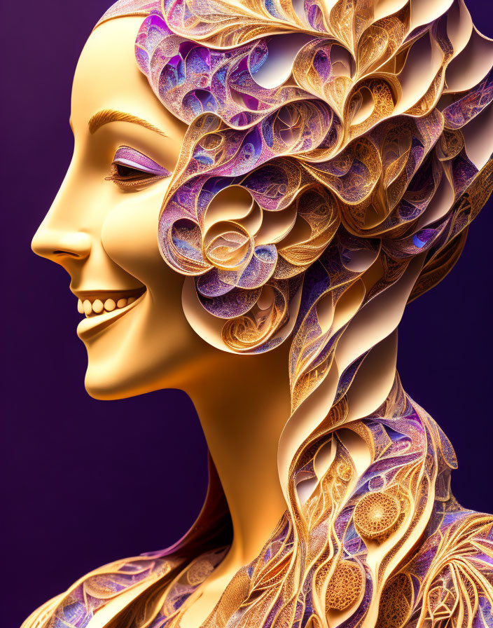 Intricate Golden Headdress on Stylized Female Figure in Purple Background