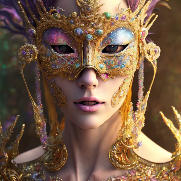 Colorful ornate masquerade mask with gold filigree, pearls, and purple-themed makeup