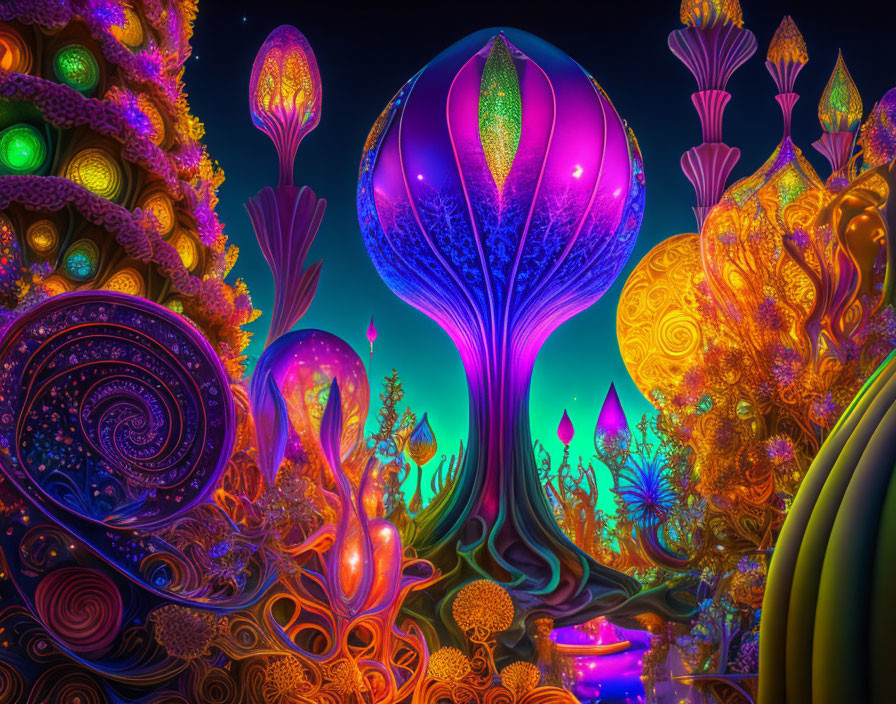 Colorful Fantasy Landscape with Neon-Like Plants in Purple, Blue, Yellow, and Orange