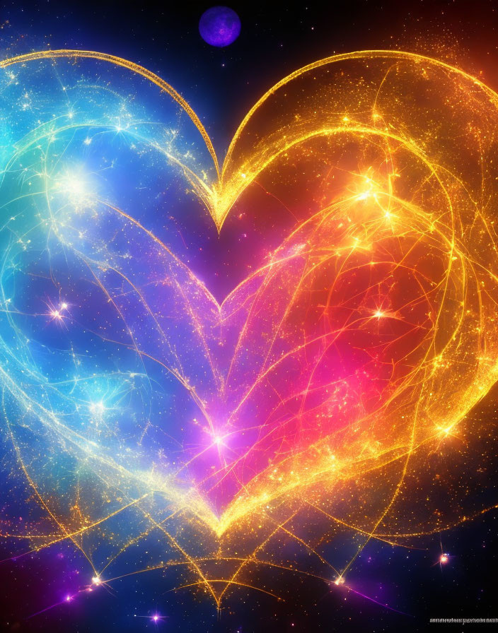 Colorful Heart-Shaped Cosmic Illustration in Blue, Gold, and Pink