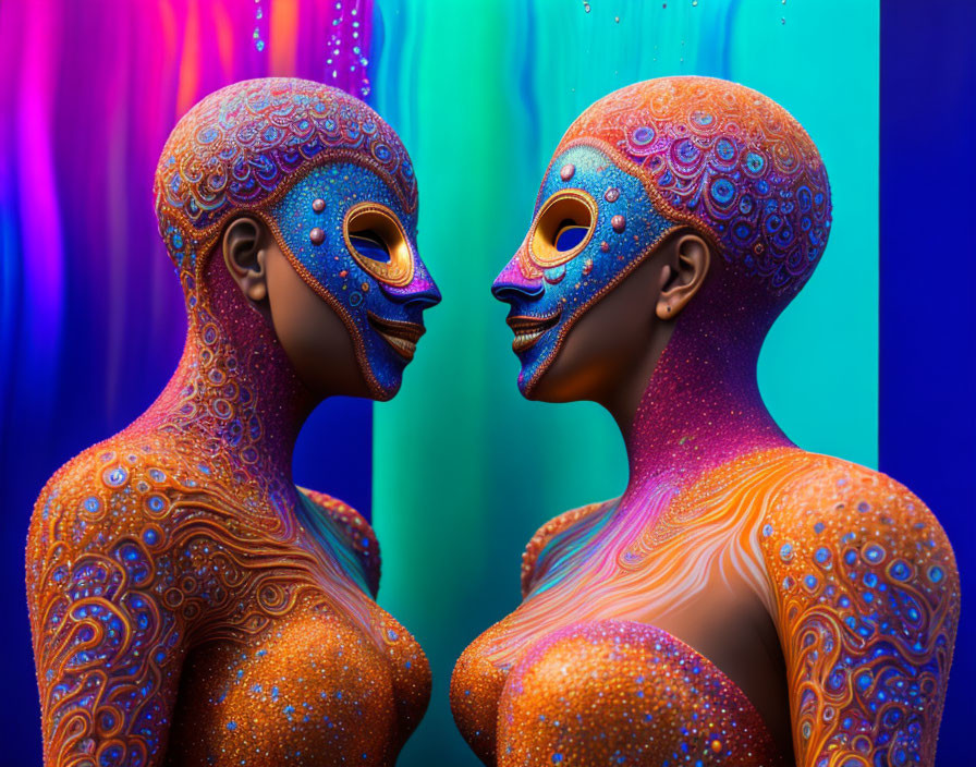 Intricate Body Paint on Mannequins in Blue and Orange Hues