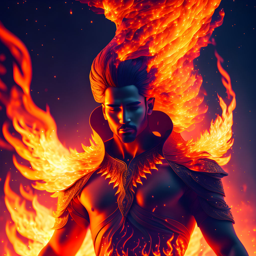 Vibrant fiery figure with wings and blazing hair on dark background