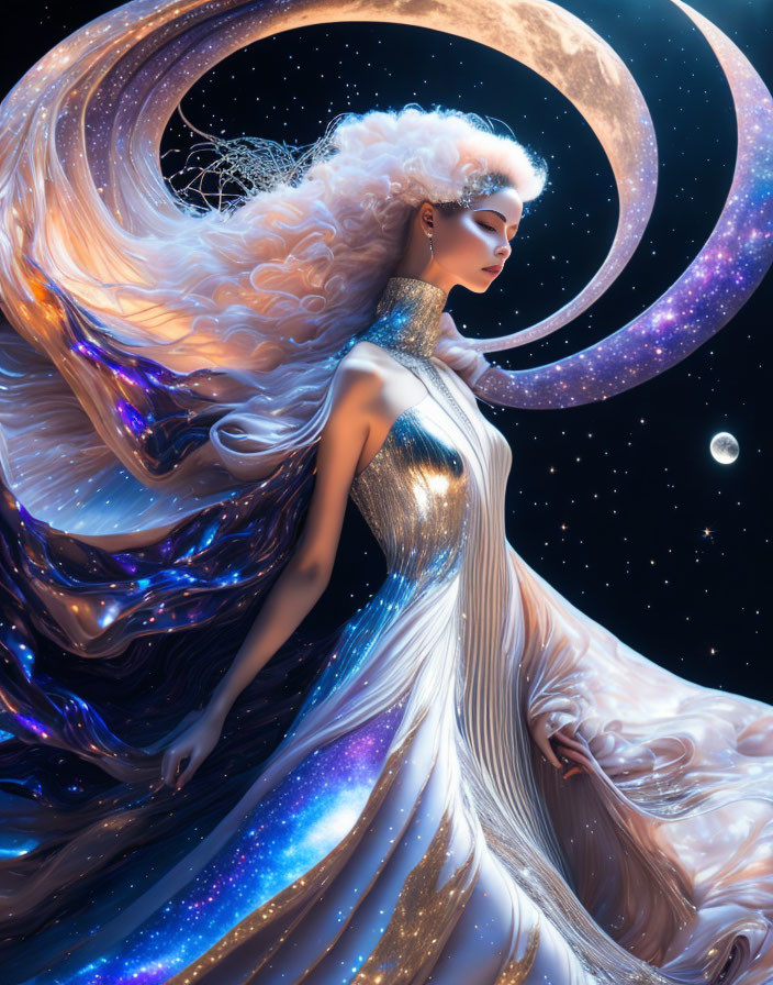 Celestial gown woman blending into cosmic backdrop