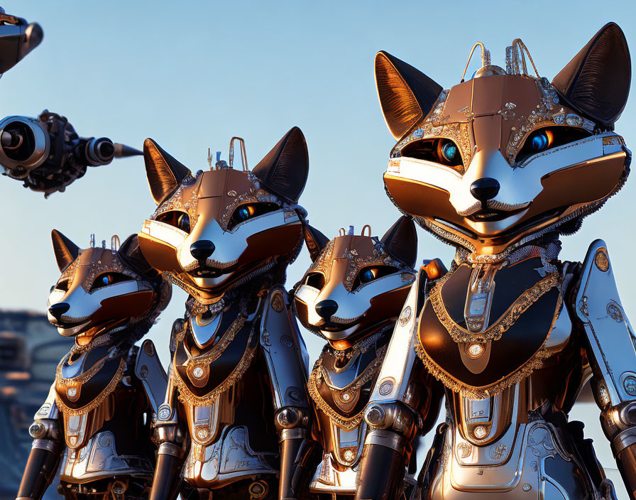 Four stylized robotic foxes with intricate metal designs and a mechanical arm.