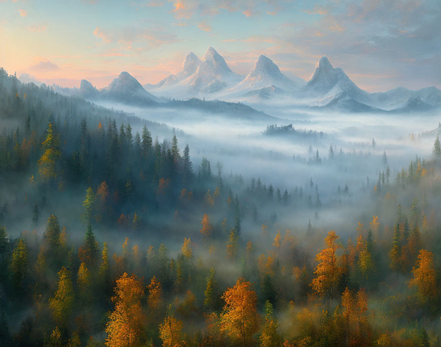 Misty Forests and Mountain Peaks at Sunrise