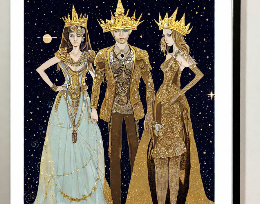 Royal figures in elaborate attire against starry background with celestial theme.