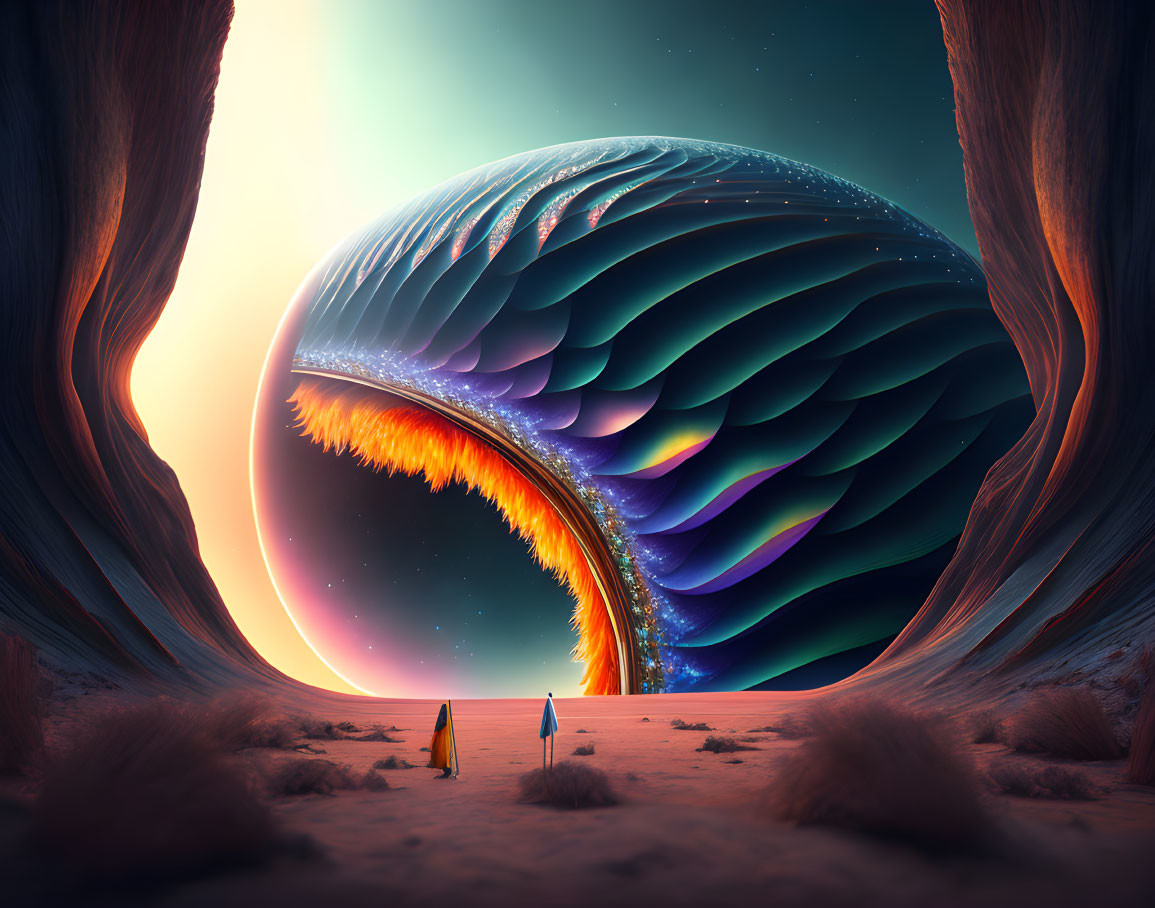 Surreal landscape with iridescent wave-like structure and figures