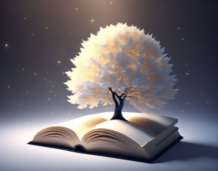 Open book with luminous white tree on starry background symbolizing knowledge and imagination