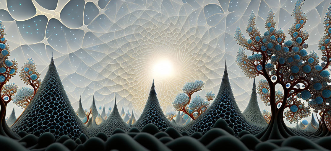 Fractal landscape with stylized trees and glowing sun in geometric sky