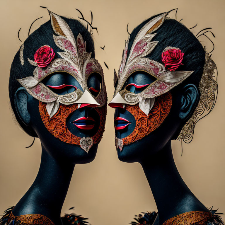 Intricate Venetian Masks with Red Roses on Tan Background