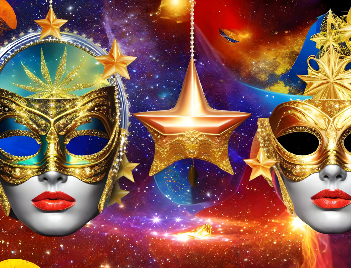 Ornate Carnival Masks with Stars on Vibrant Cosmic Background