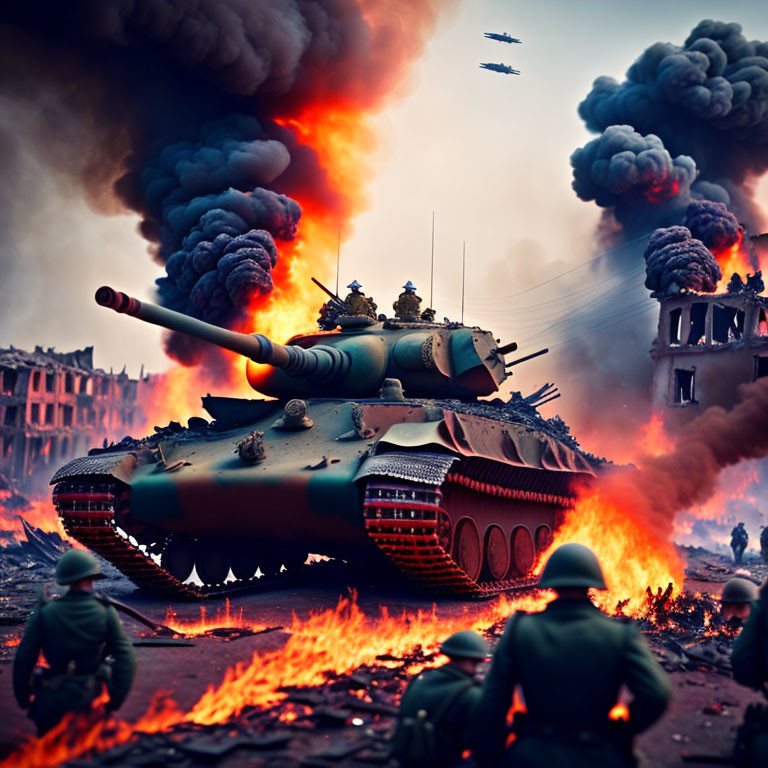 Tank in war-torn city with soldiers, fire, and smoke.