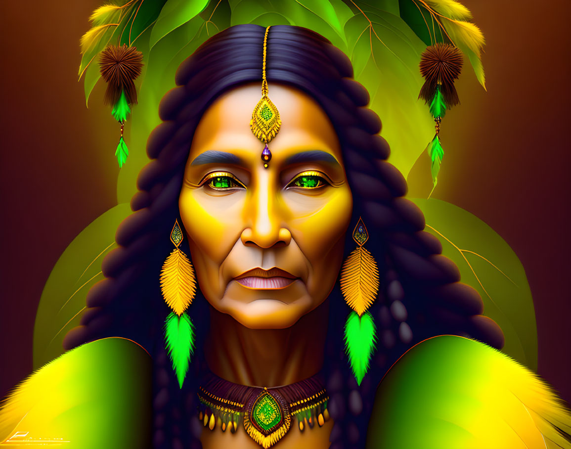 Digital portrait of woman in Indigenous attire with warm tones & feather adornments