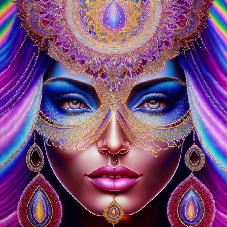 Symmetrical face with blue eyes and gold mask on psychedelic background