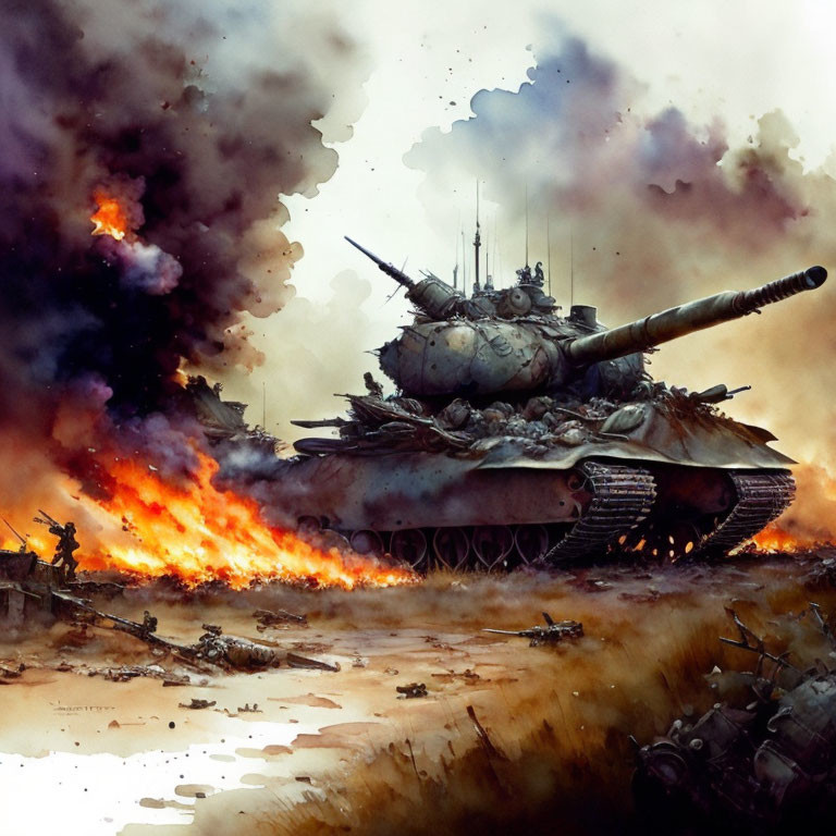 Watercolor painting of battle scene with burning tank, soldier, and chaotic backdrop