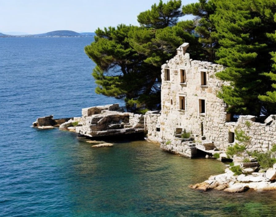 Ruined stone building amidst pine trees on coastal shore with clear blue water and bright sky.