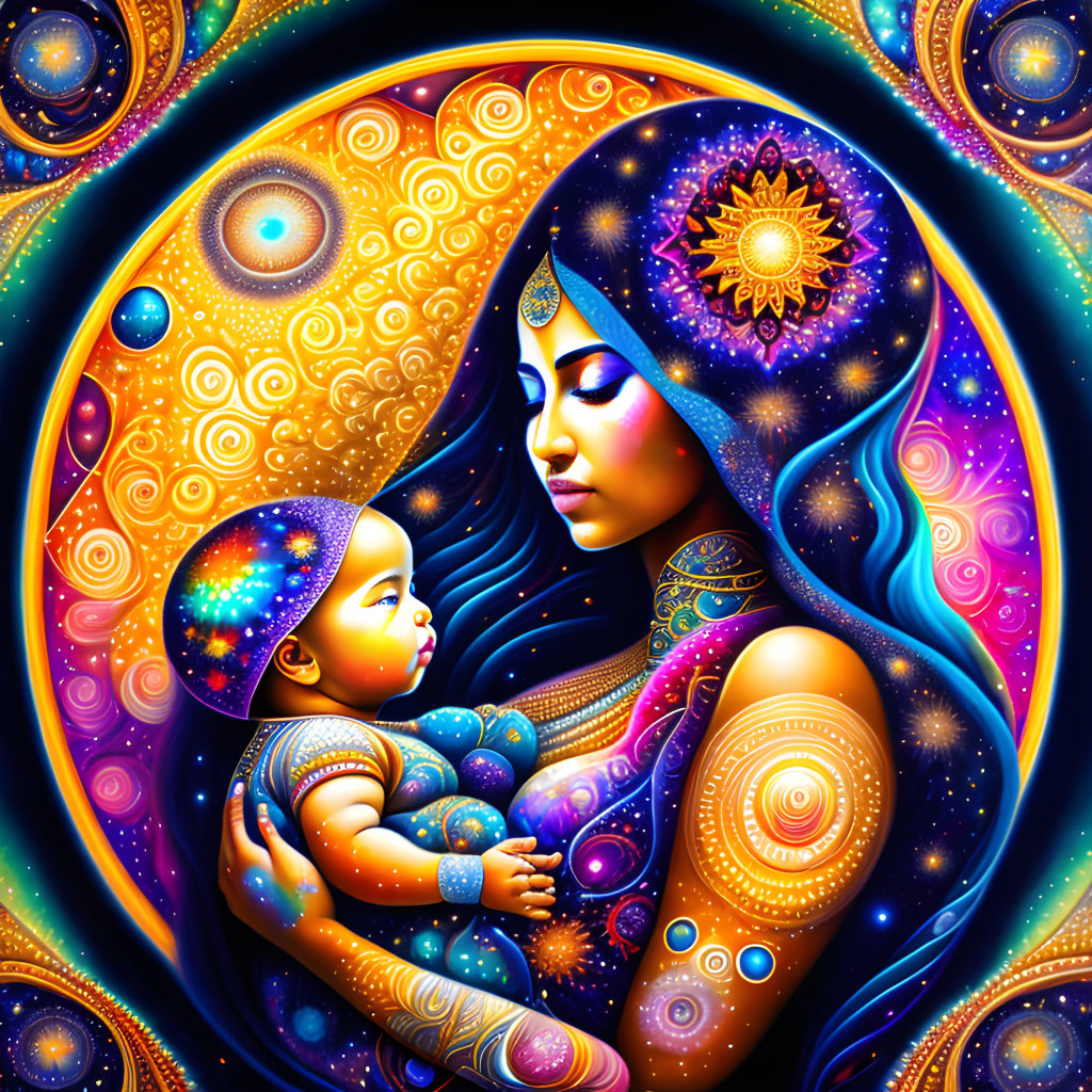 Colorful cosmic woman with baby in celestial setting