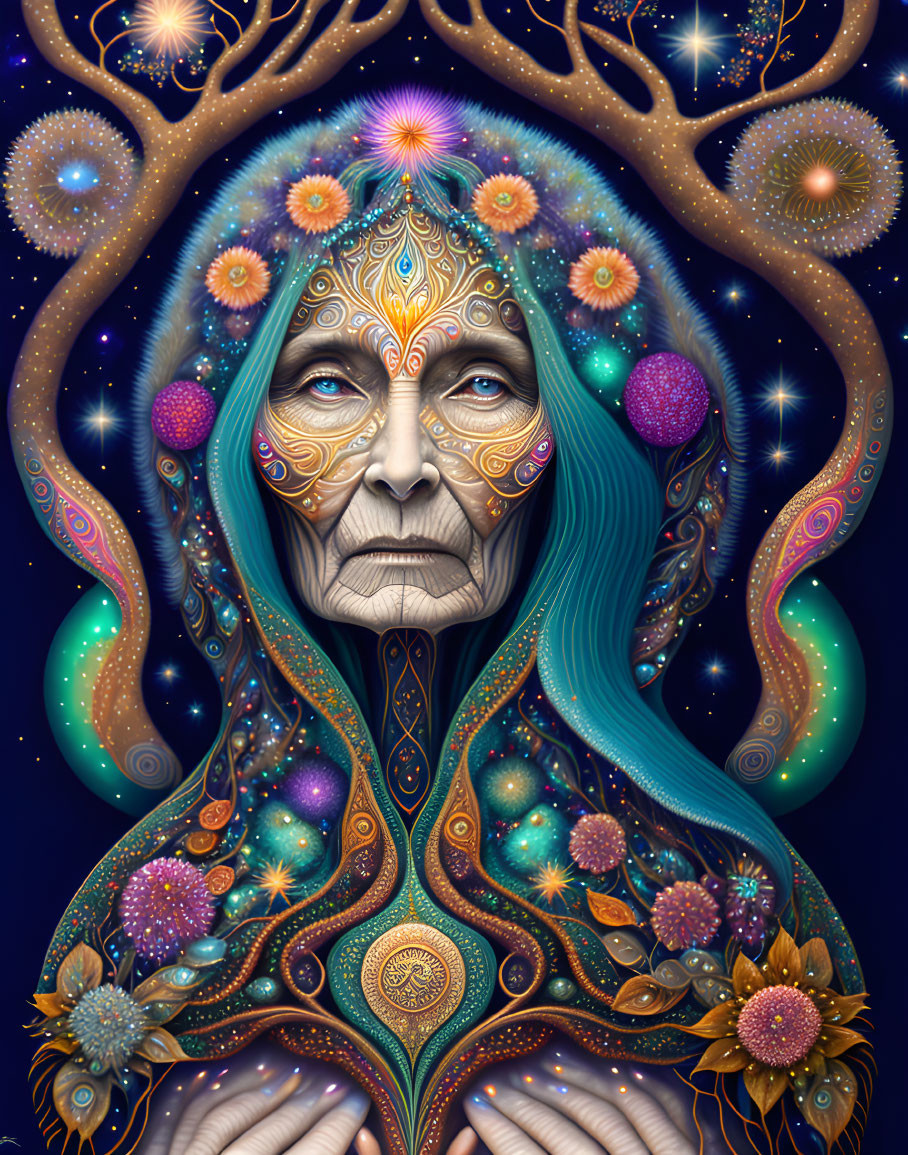 Detailed art of person with tree, stars, and flowers intertwined