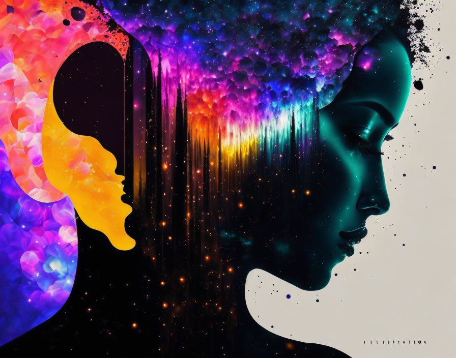 Silhouette digital artwork of two faces merged with cosmic background