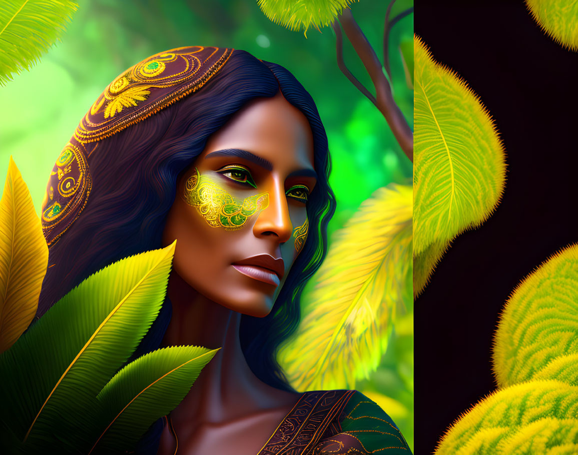 Digital artwork: Woman with leaf-patterned makeup in mystical forest setting