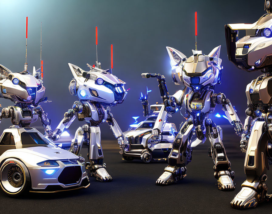 Futuristic robotic police units with car elements and blue lights.