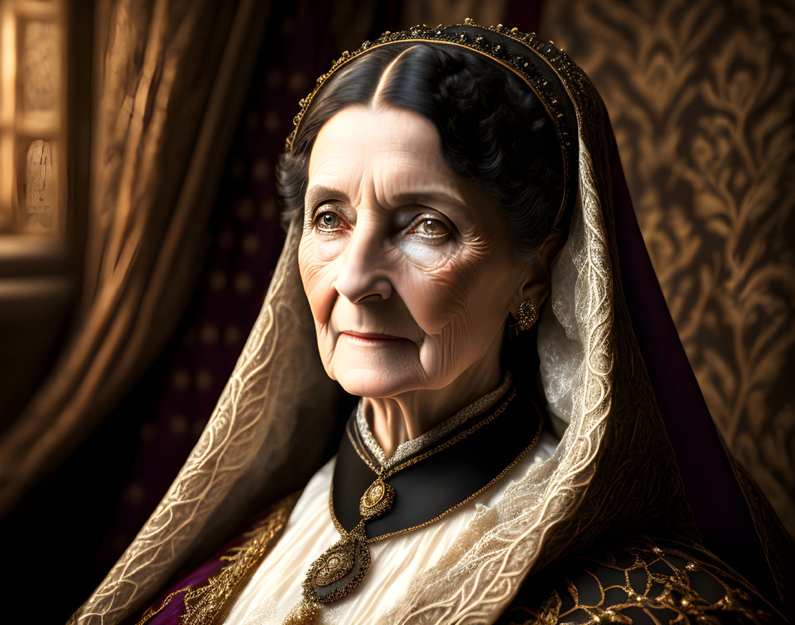 Elderly woman in regal attire with black gown and lace veil by ornate window