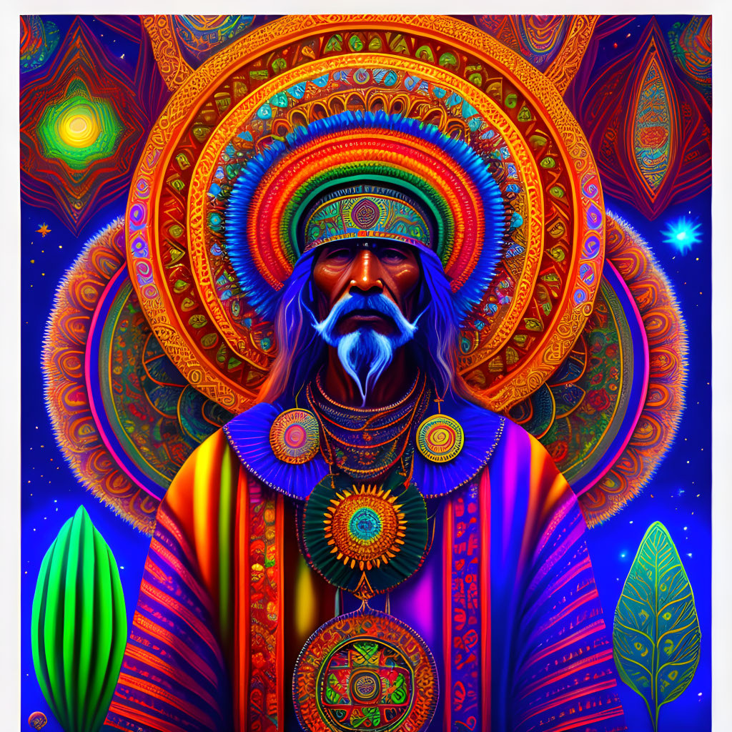 Colorful Image of Bearded Man in Ornate Attire with Psychedelic Patterns