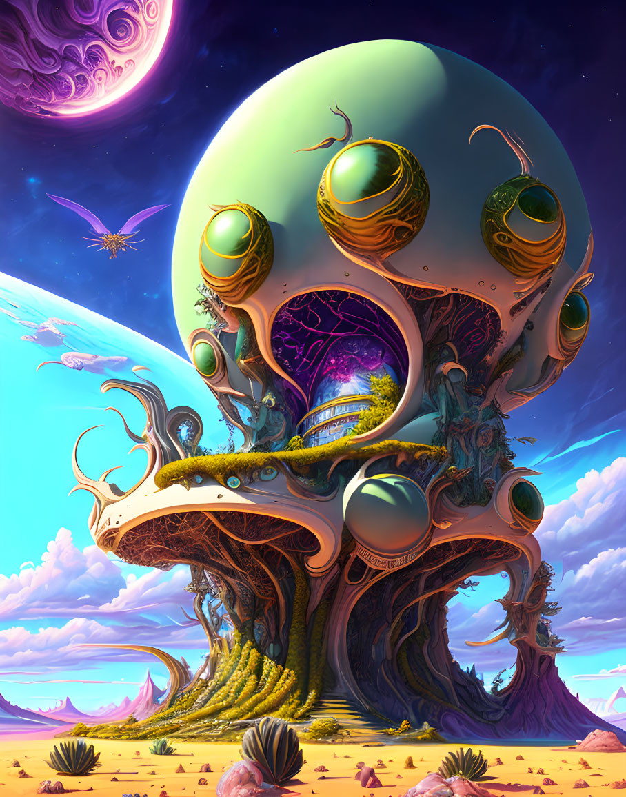 Fantastical tree with glowing orbs in alien desert under purple sky