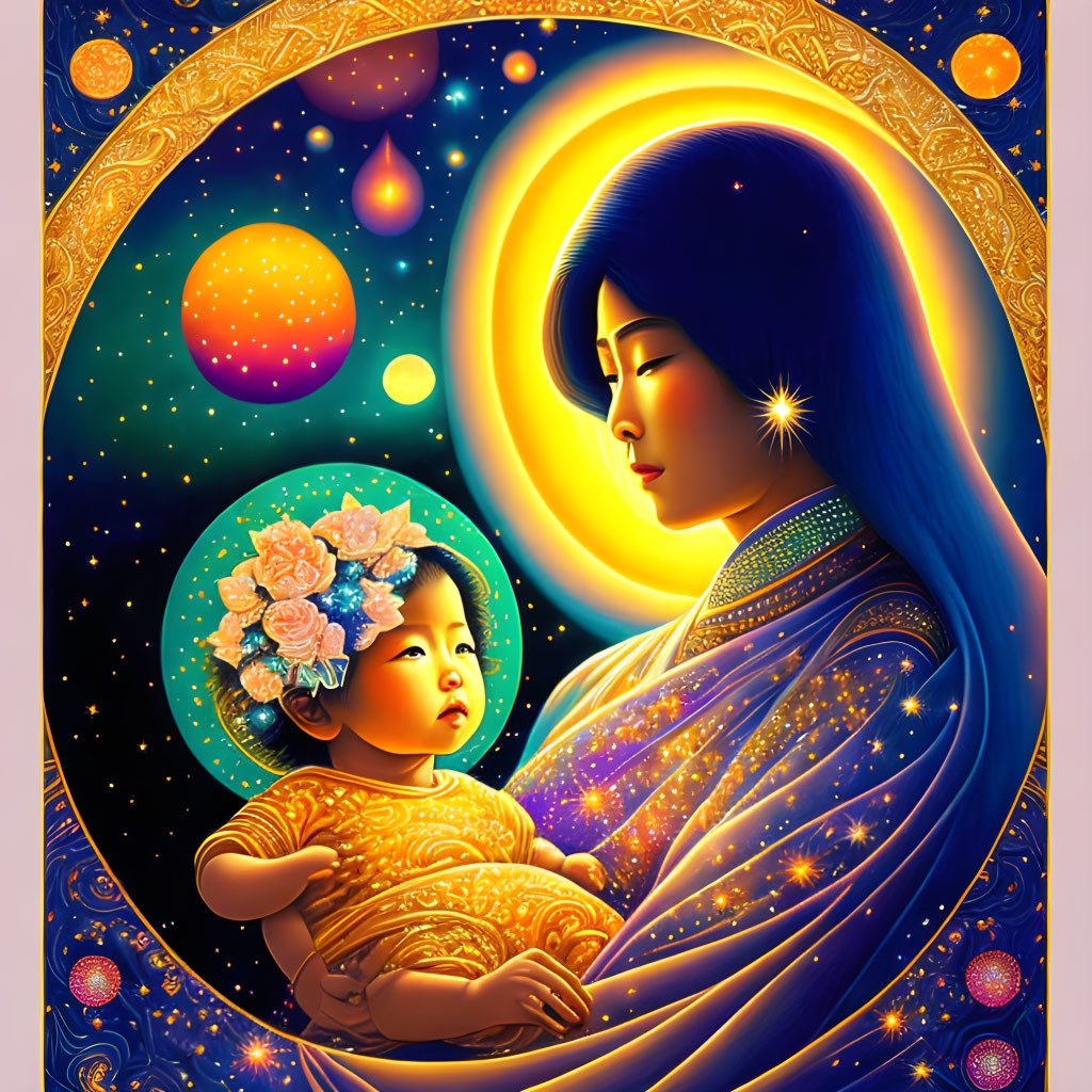 Woman in Blue Hijab Holding Child in Cosmic Setting with Stars and Planets