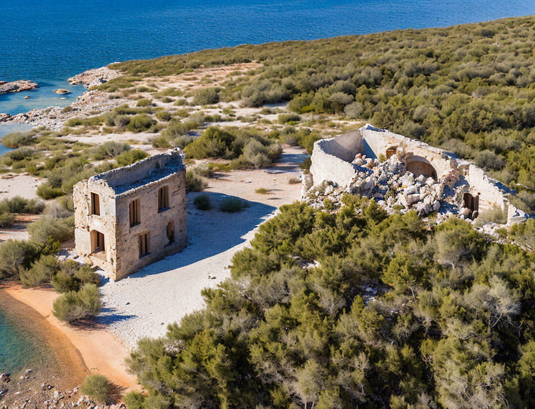 Seaside ruins surrounded by greenery under clear blue sky