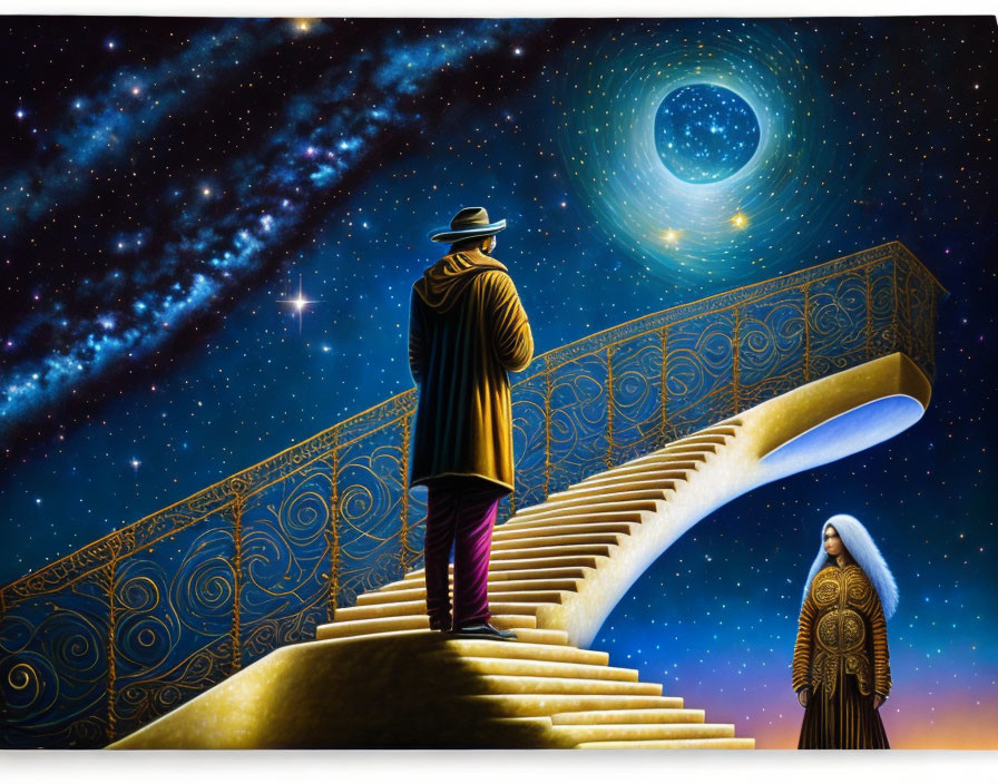 Surreal digital artwork: Two figures on ornate staircase under swirling galaxy