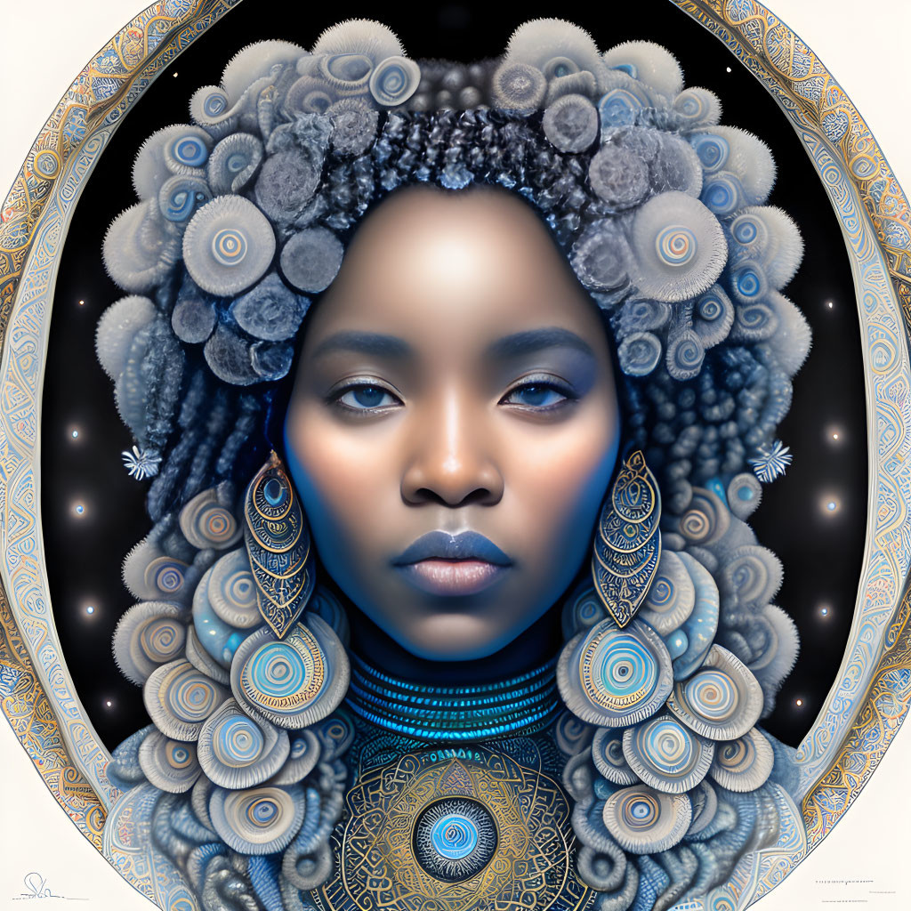 Symmetrical winter-themed digital art with blue and white circular patterns