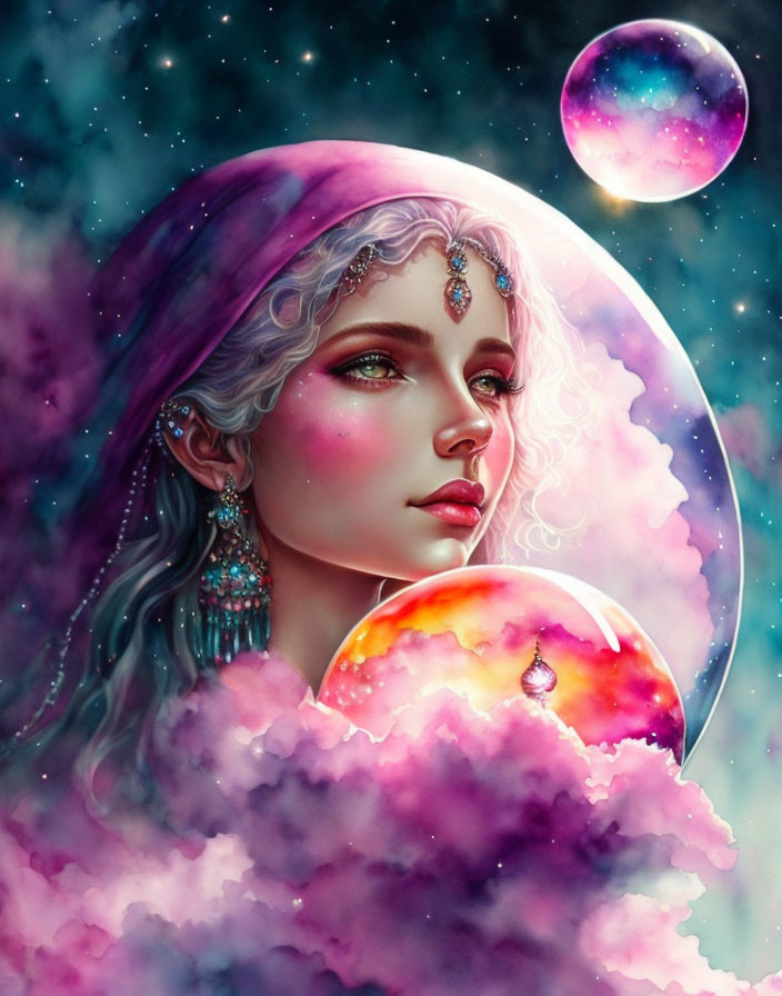 Fantastical portrait of woman with silver hair and jeweled accessories merging with crescent moon in pink