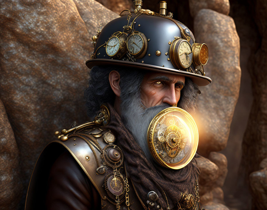 Elderly man in Steampunk helmet and armor with golden device