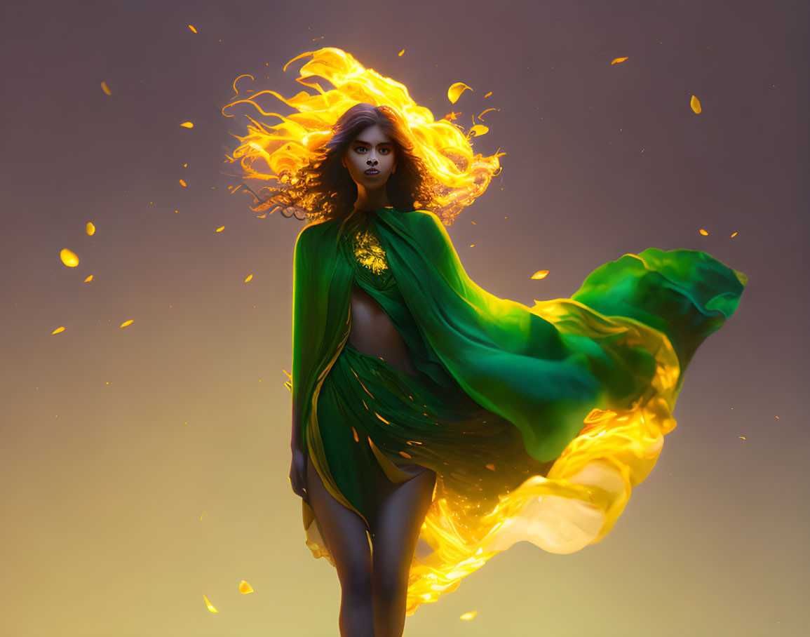 Fiery-haired woman in green and yellow dress against amber backdrop