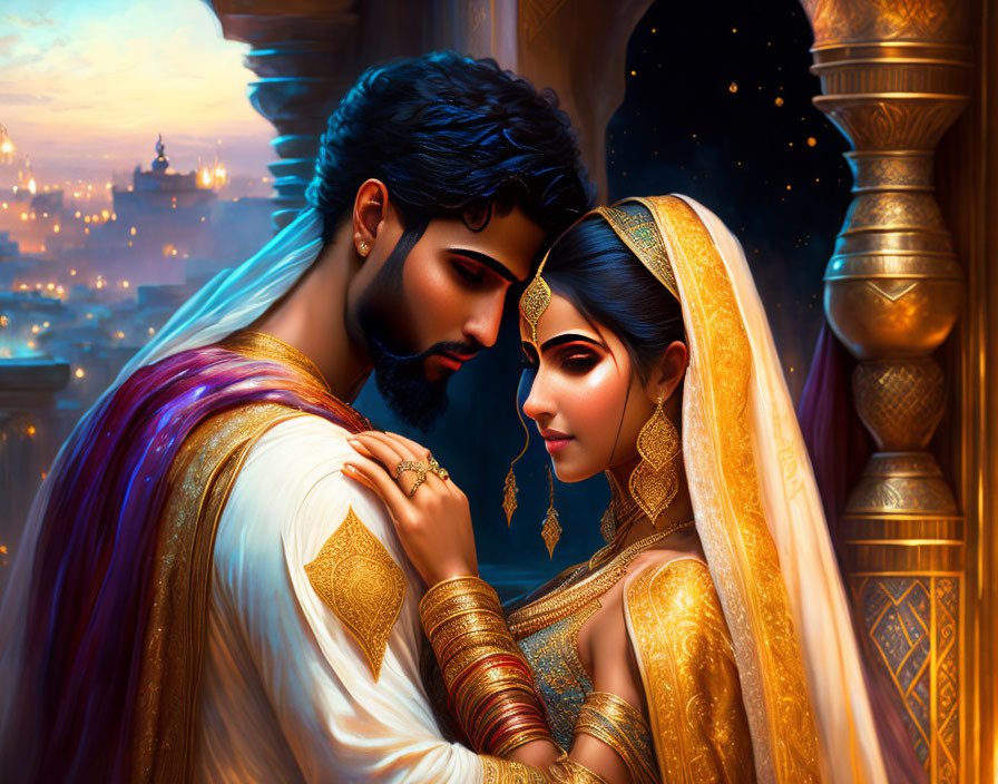 Illustrated couple in South Asian attire with cityscape background at twilight