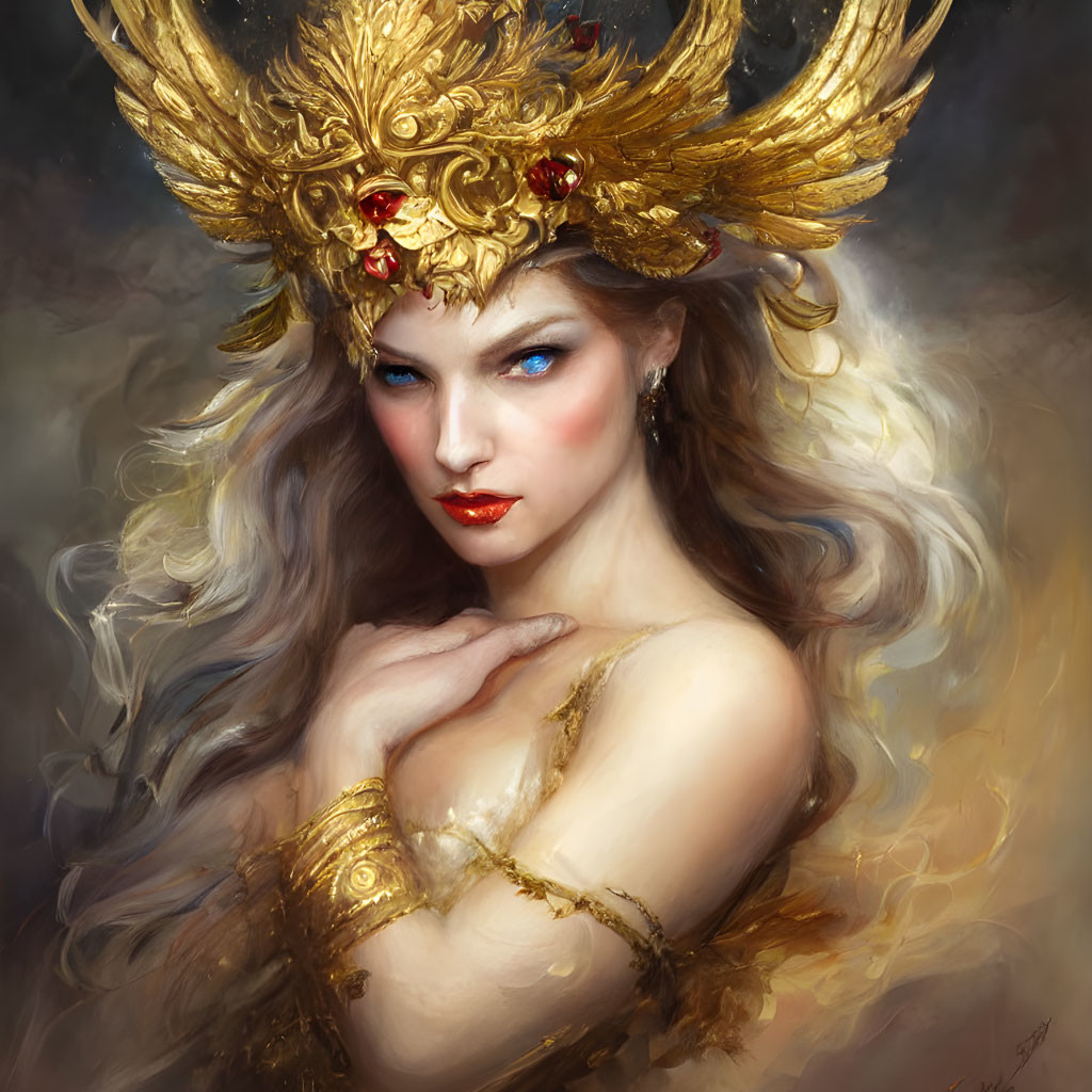 Portrait of a woman with wavy hair in ornate golden headdress and attire, gazing int