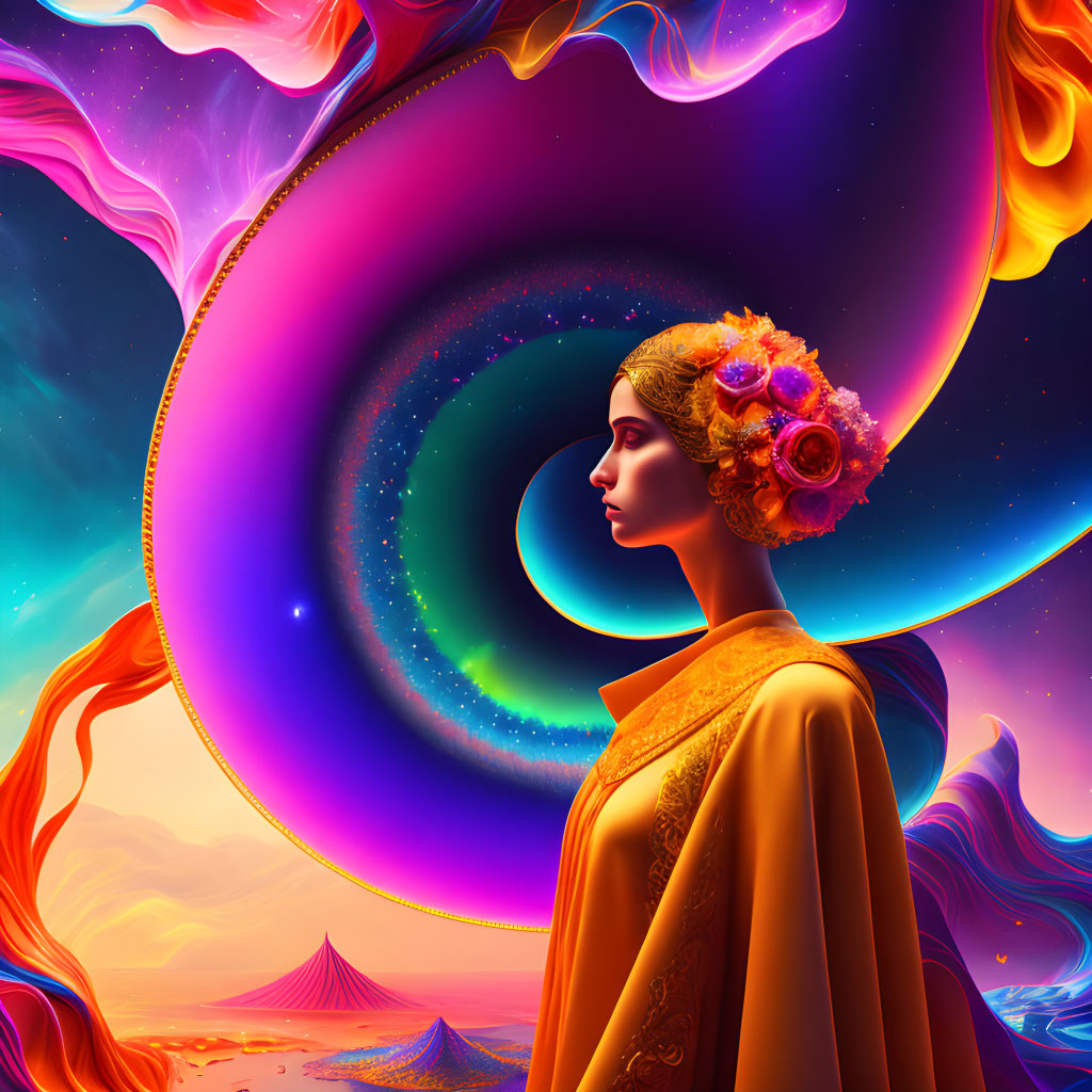 Colorful surreal profile illustration with floral adornments on cosmic backdrop.