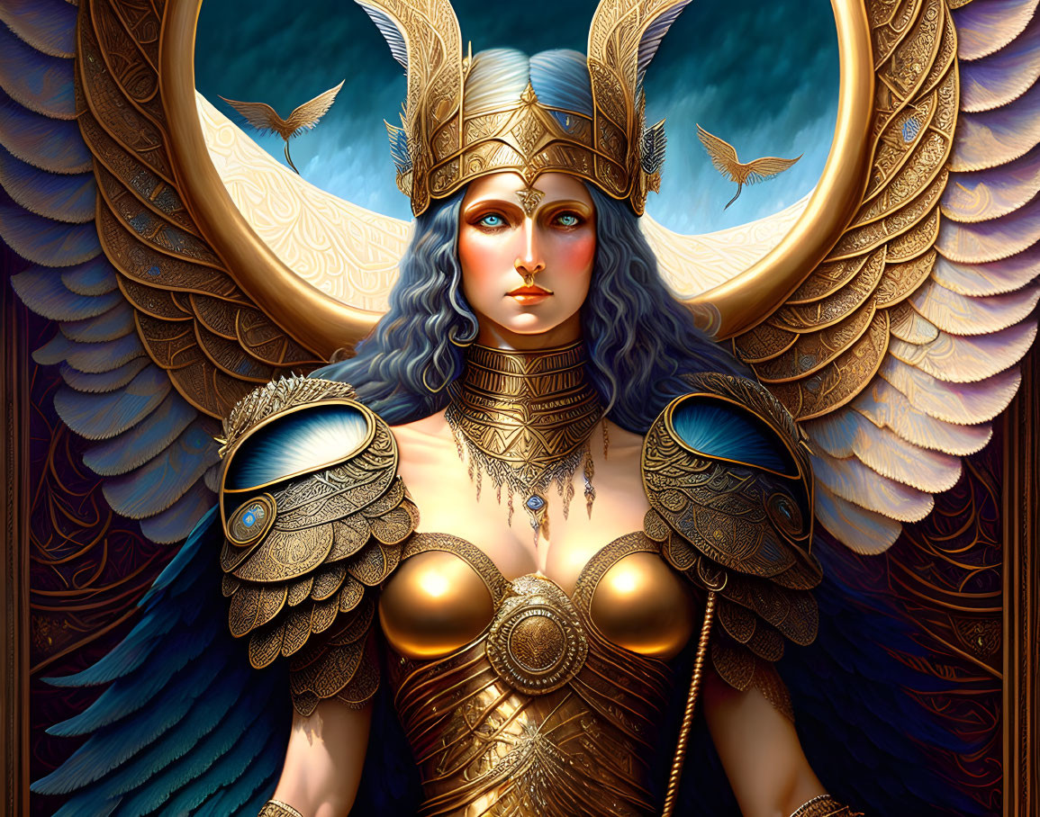 Female warrior illustration: Blue skin, golden armor, winged helmet, crescent backdrop with eagles