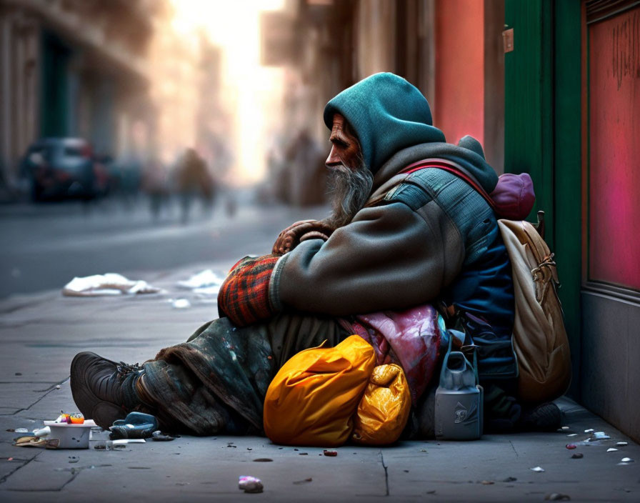 Elderly bearded man sitting on city sidewalk with belongings and cup of change