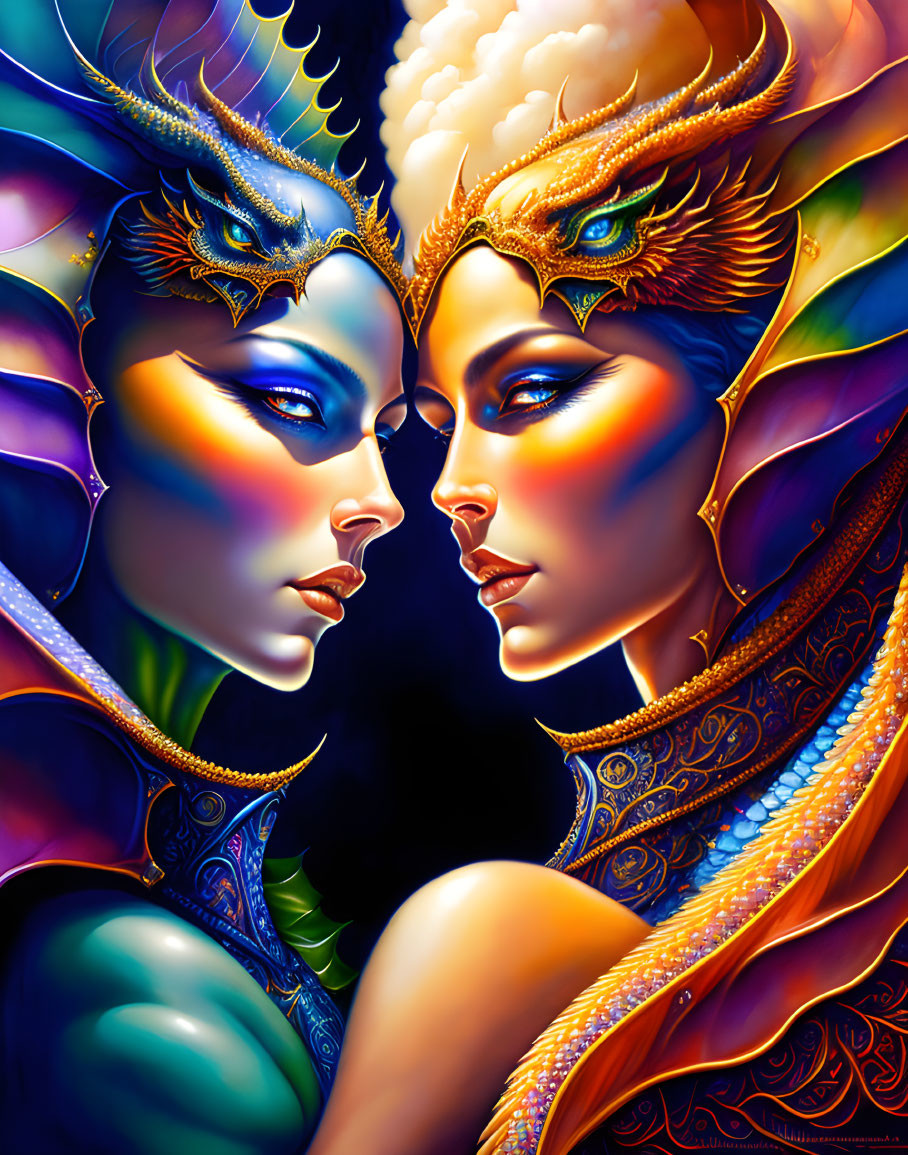 Stylized colorful faces with fantasy headpieces on dark background