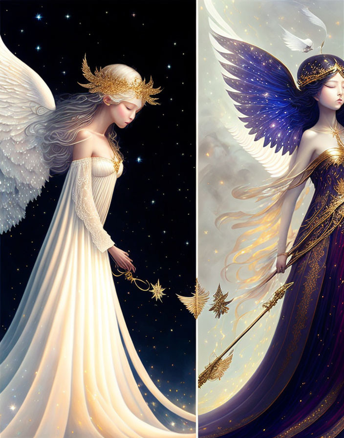 Ethereal women with angelic wings and ornate attire in celestial setting