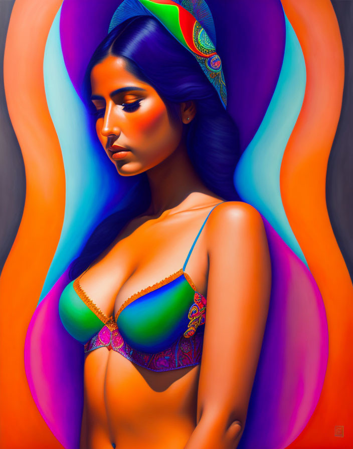 Colorful digital painting of a woman with blue hair in intricate lingerie.