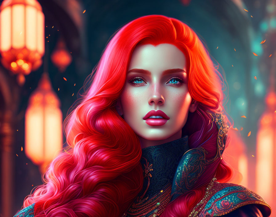 Vibrant red-haired woman in blue armor on warm background