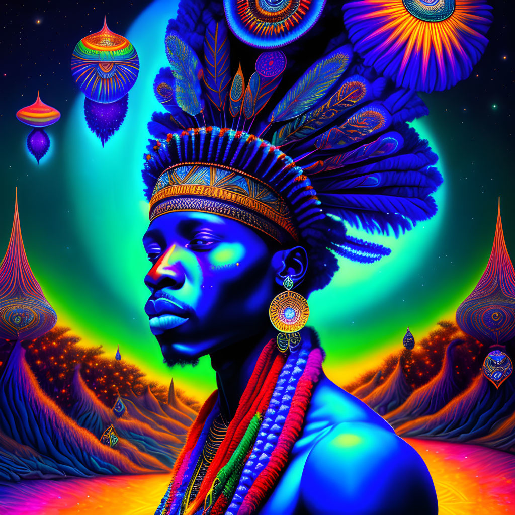 Colorful portrait of a man with African adornments and psychedelic patterns.